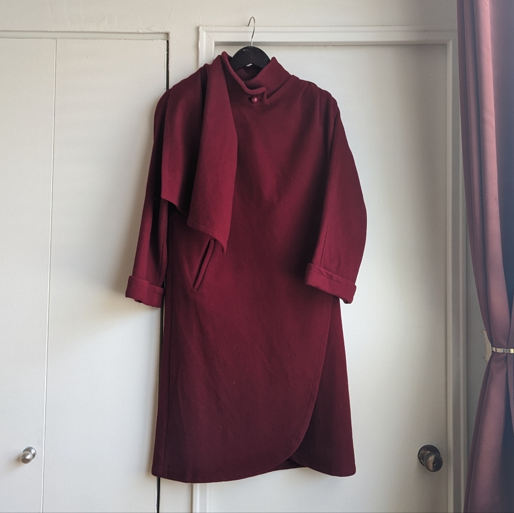 100% Wool Vintage Burgundy Coat with Built-In Scarf